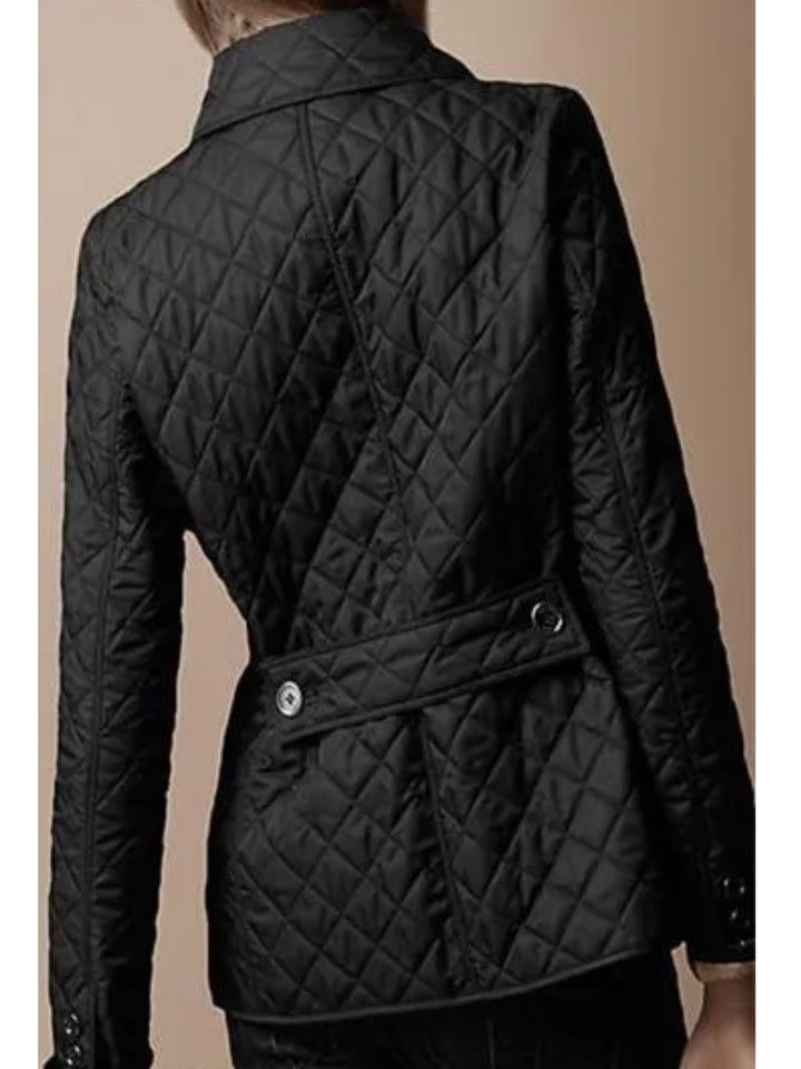 Women's Casual Quilted Jacket | Diamond Pattern with Turned-Down Collar Front
