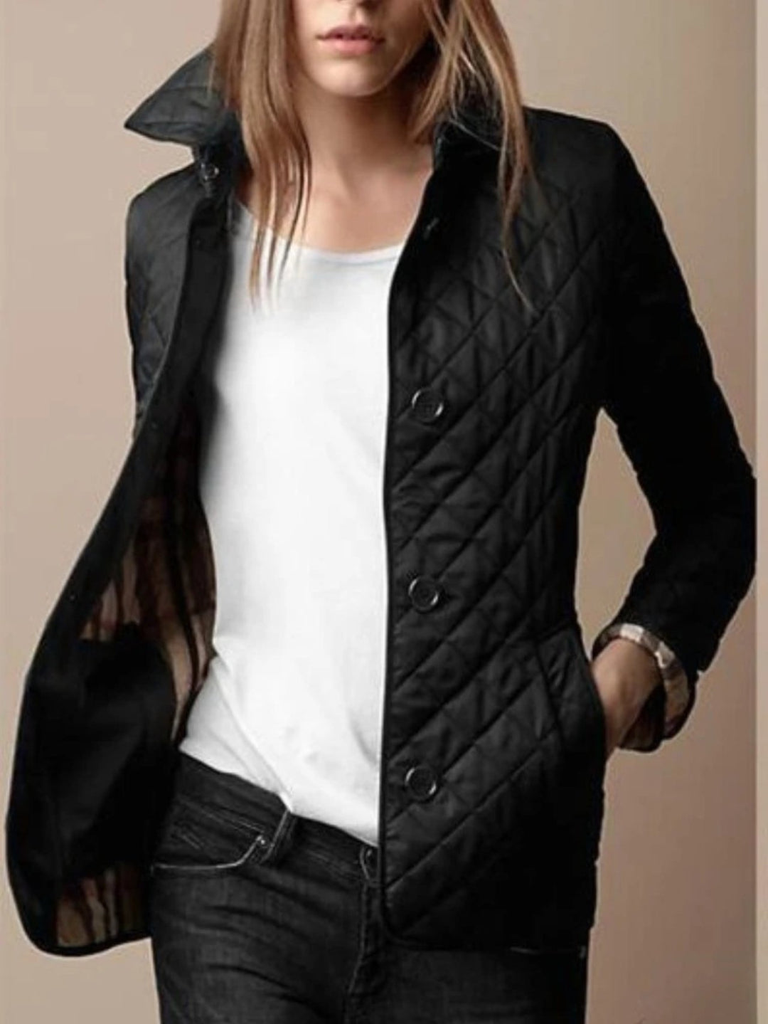 Women's Casual Quilted Jacket | Diamond Pattern with Turned-Down Collar Hero