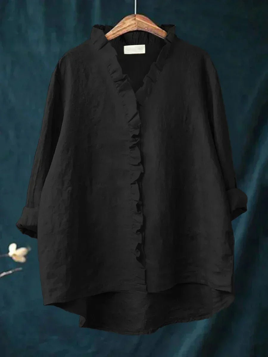 Women's Casual Ruffle V-Neck Blouse | Cotton Linen Loose Fit Close Up