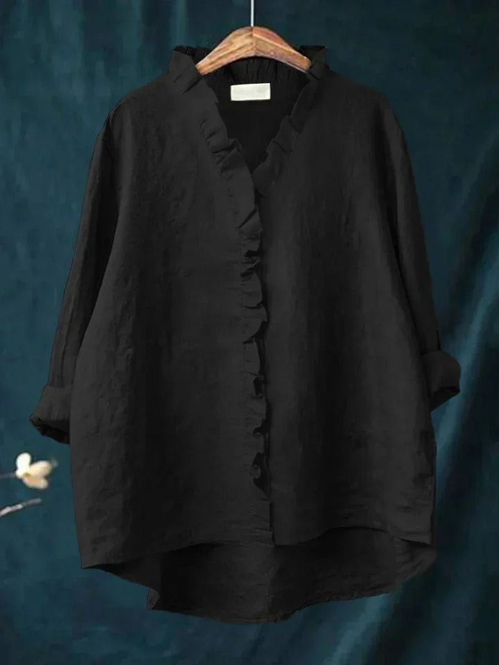 Women's Casual Ruffle V-Neck Blouse | Cotton Linen Loose Fit Close Up