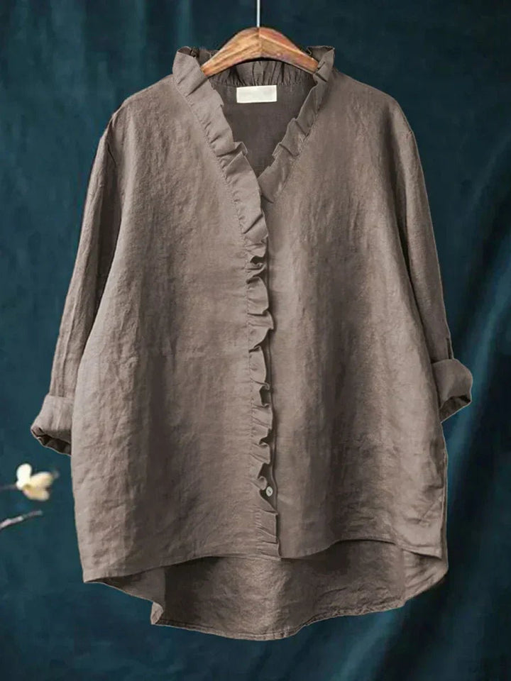 Women's Casual Ruffle V-Neck Blouse | Cotton Linen Loose Fit Detail