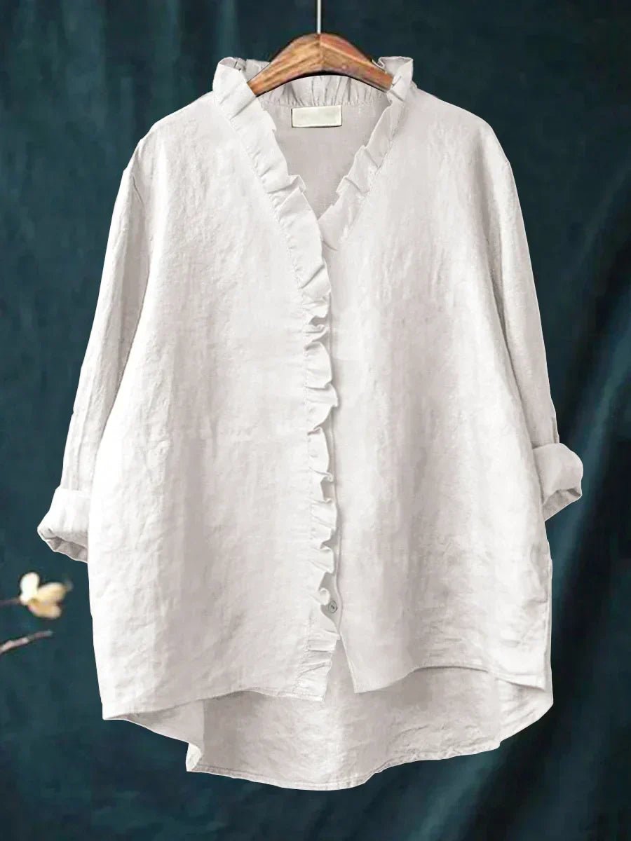 Women's Casual Ruffle V-Neck Blouse | Cotton Linen Loose Fit Front