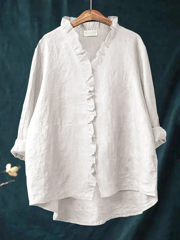 Women's Casual Ruffle V-Neck Blouse | Cotton Linen Loose Fit Front