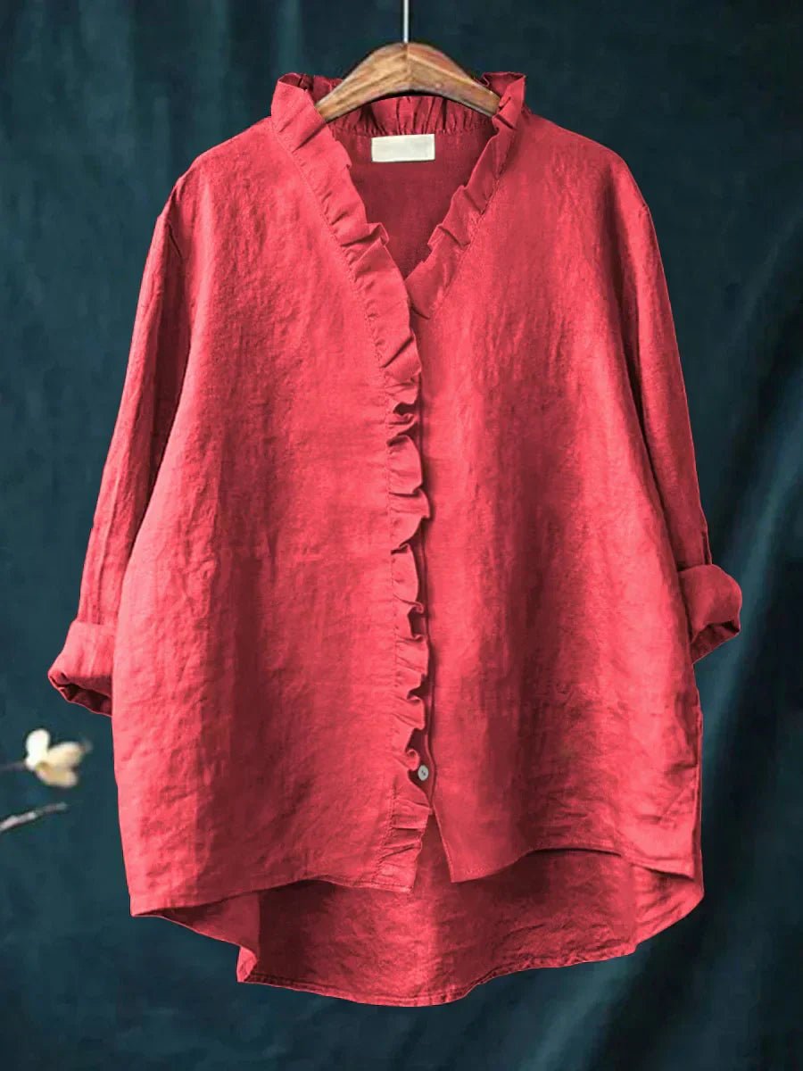 Women's Casual Ruffle V-Neck Blouse | Cotton Linen Loose Fit Hero