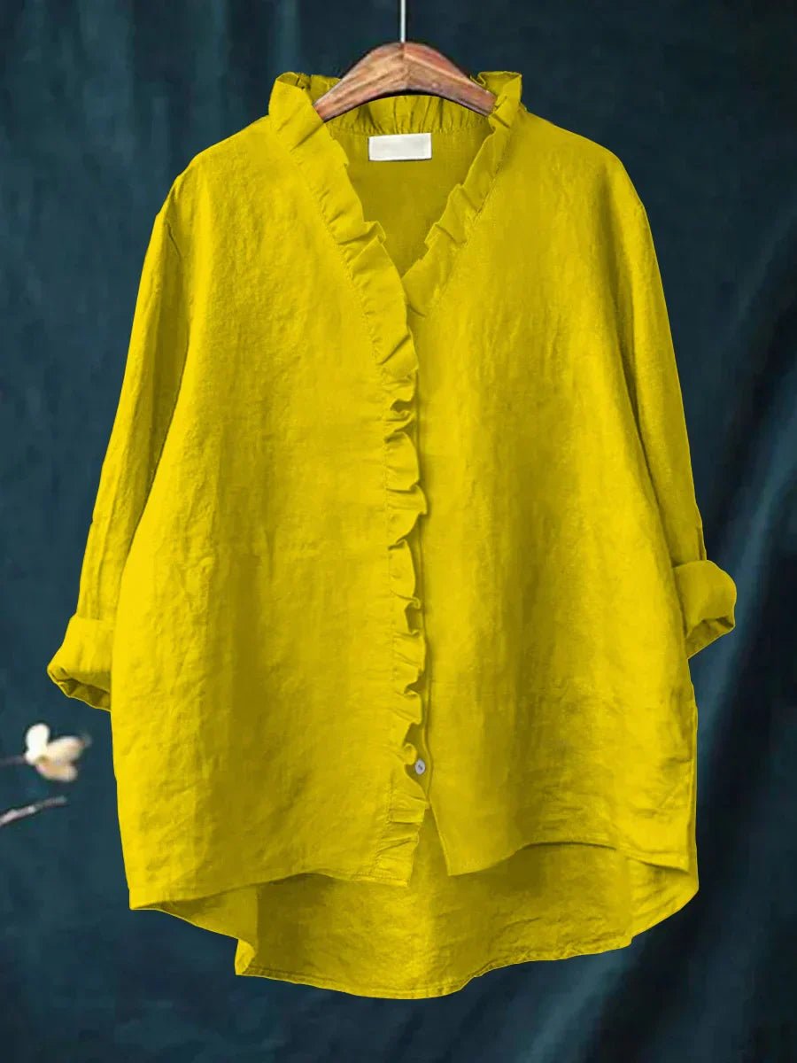 Women's Casual Ruffle V-Neck Blouse | Cotton Linen Loose Fit Side