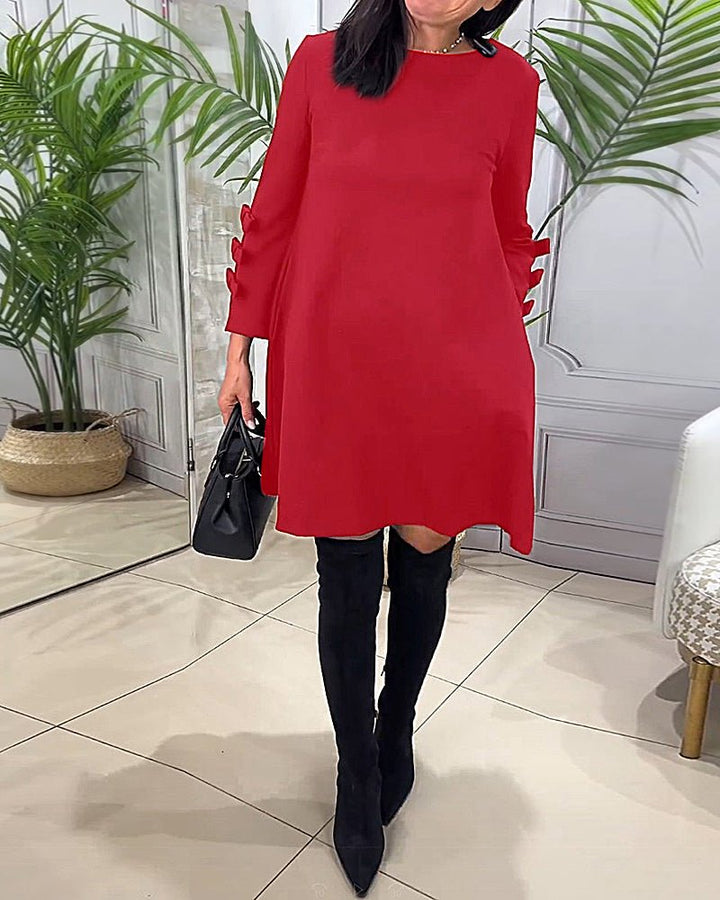Women's Casual Solid Colour Knee Length Dress | Long Sleeve Bow Cut Out Alternate