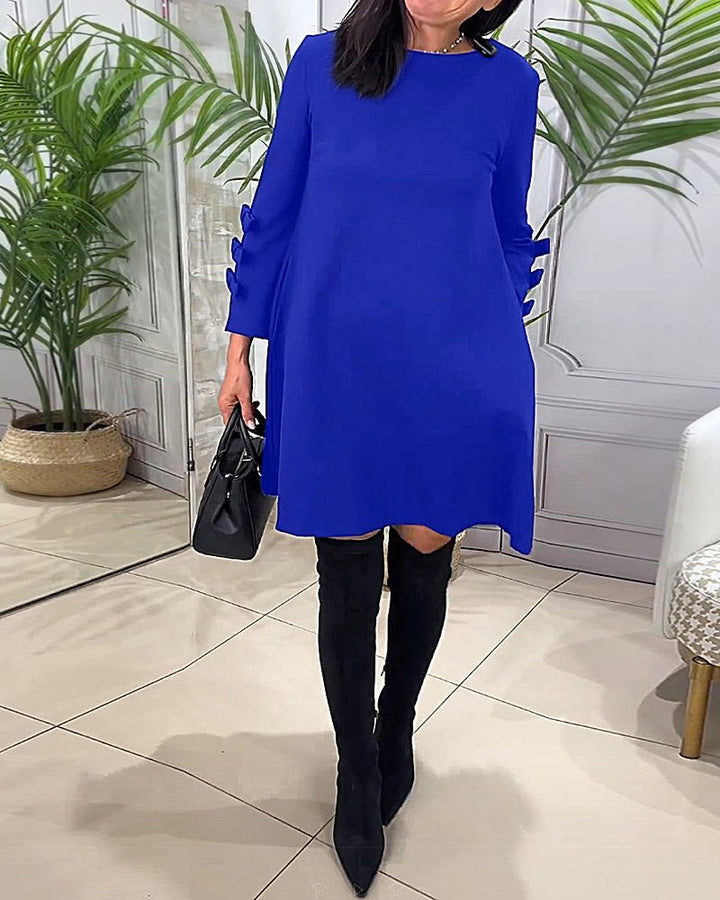Women's Casual Solid Colour Knee Length Dress | Long Sleeve Bow Cut Out Angle
