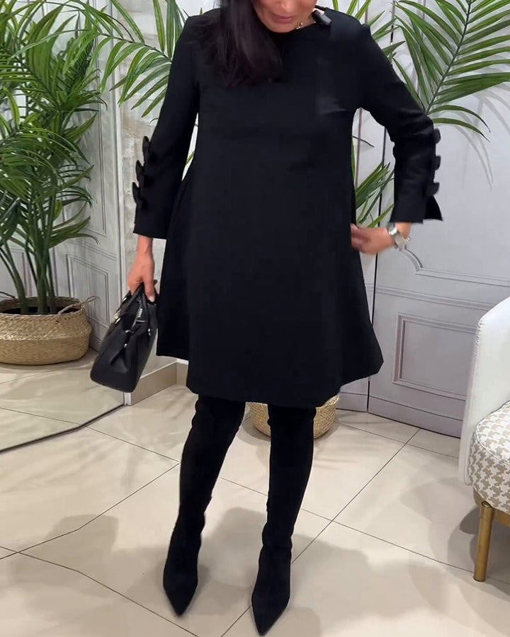 Women's Casual Solid Colour Knee Length Dress | Long Sleeve Bow Cut Out Back