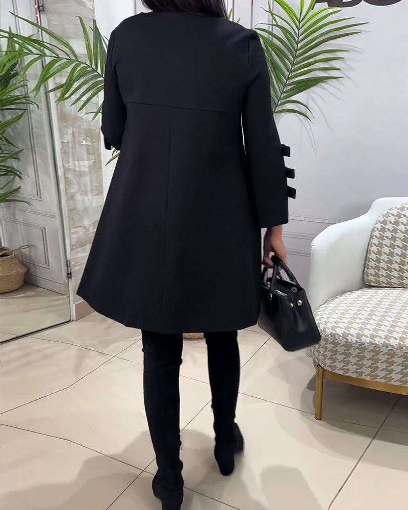Women's Casual Solid Colour Knee Length Dress | Long Sleeve Bow Cut Out Close Up
