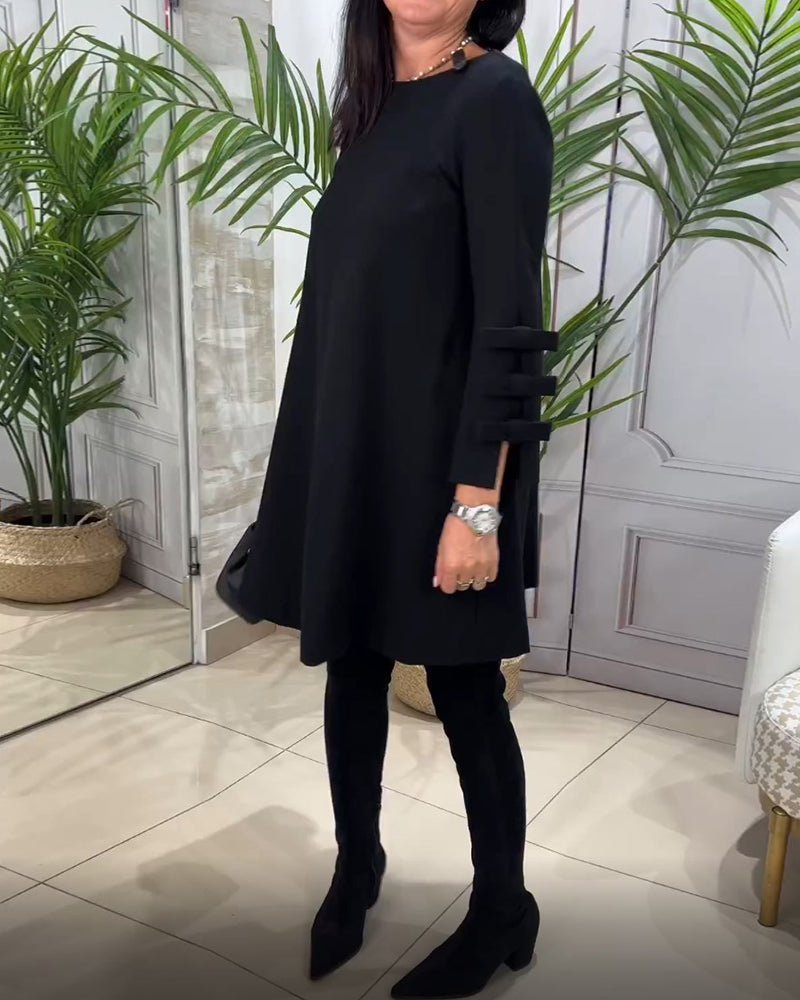 Women's Casual Solid Colour Knee Length Dress | Long Sleeve Bow Cut Out Detail