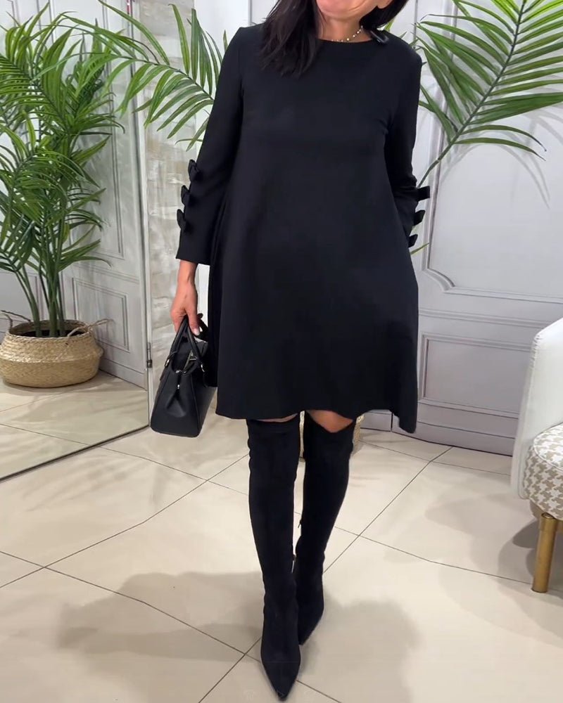 Women's Casual Solid Colour Knee Length Dress | Long Sleeve Bow Cut Out Front