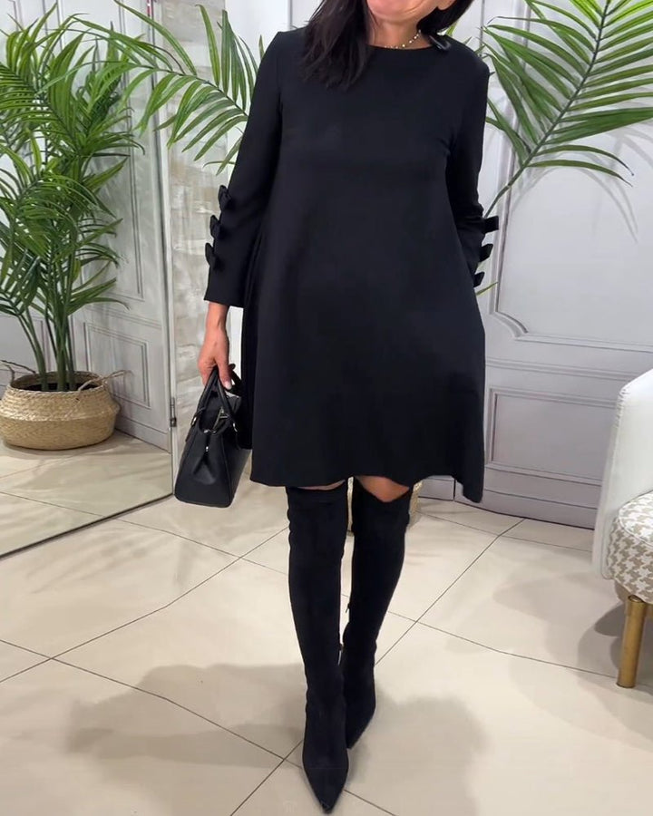 Women's Casual Solid Colour Knee Length Dress | Long Sleeve Bow Cut Out Front