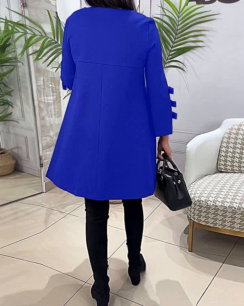 Women's Casual Solid Colour Knee Length Dress | Long Sleeve Bow Cut Out Full