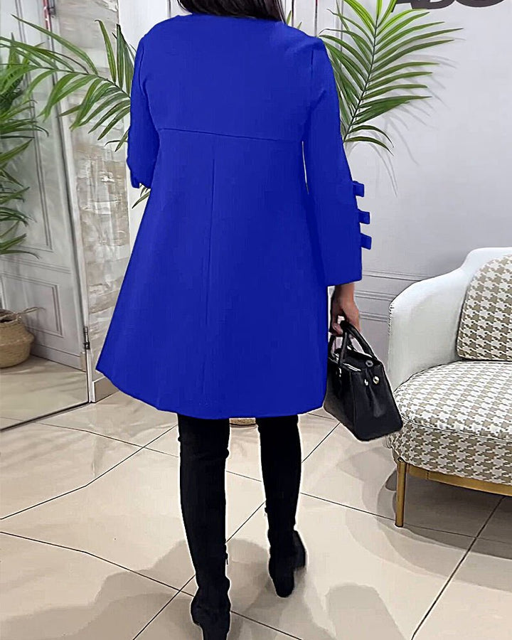 Women's Casual Solid Colour Knee Length Dress | Long Sleeve Bow Cut Out Full