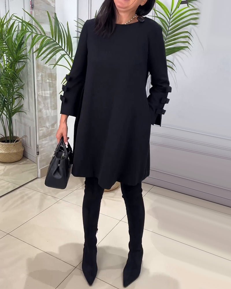 Women's Casual Solid Colour Knee Length Dress | Long Sleeve Bow Cut Out Hero