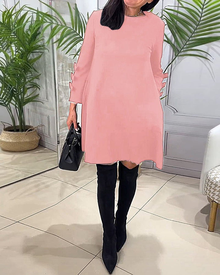 Women's Casual Solid Colour Knee Length Dress | Long Sleeve Bow Cut Out View 13