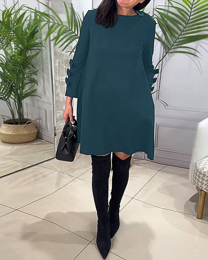 Women's Casual Solid Colour Knee Length Dress | Long Sleeve Bow Cut Out View 16