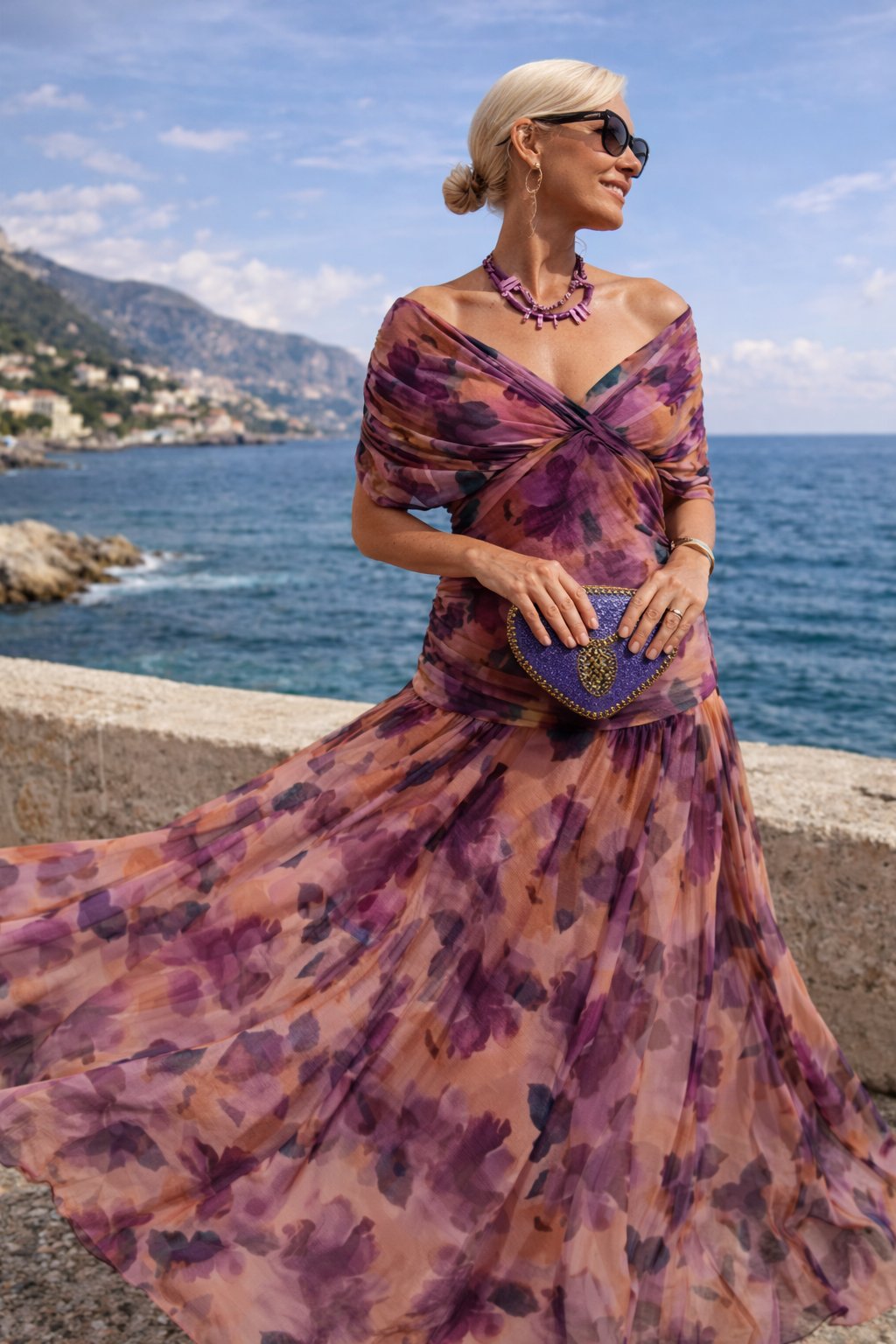 Women's Chiffon Maxi Dress | V-Neck Twist Bodice Fit Angle