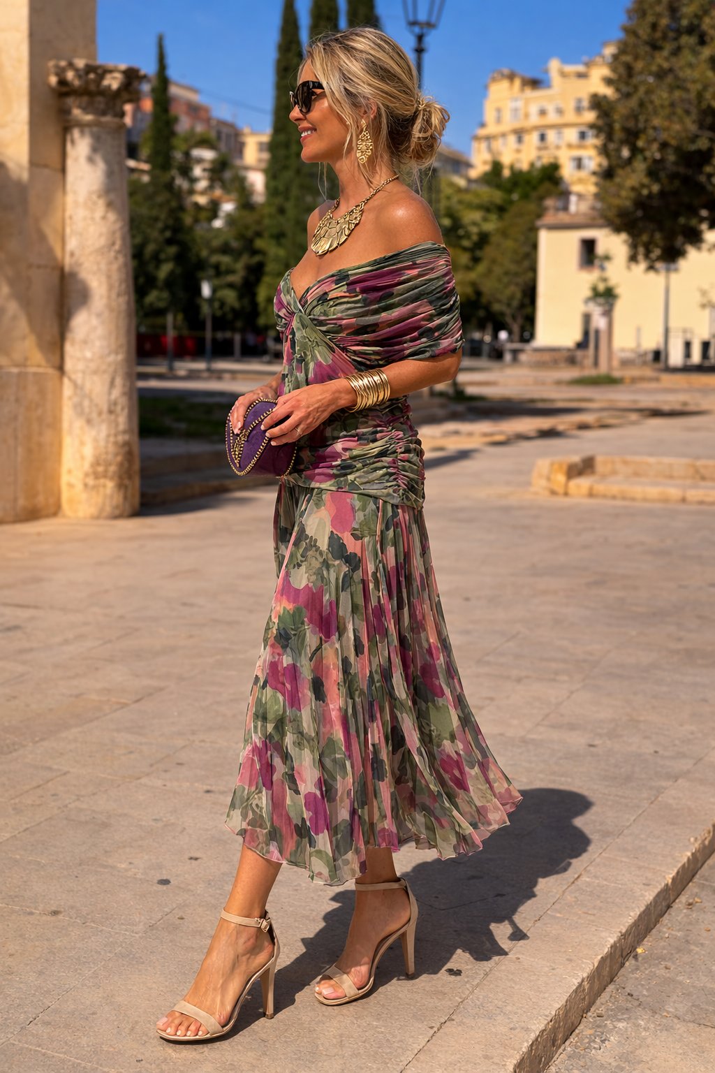 Women's Chiffon Maxi Dress | V-Neck Twist Bodice Fit Back