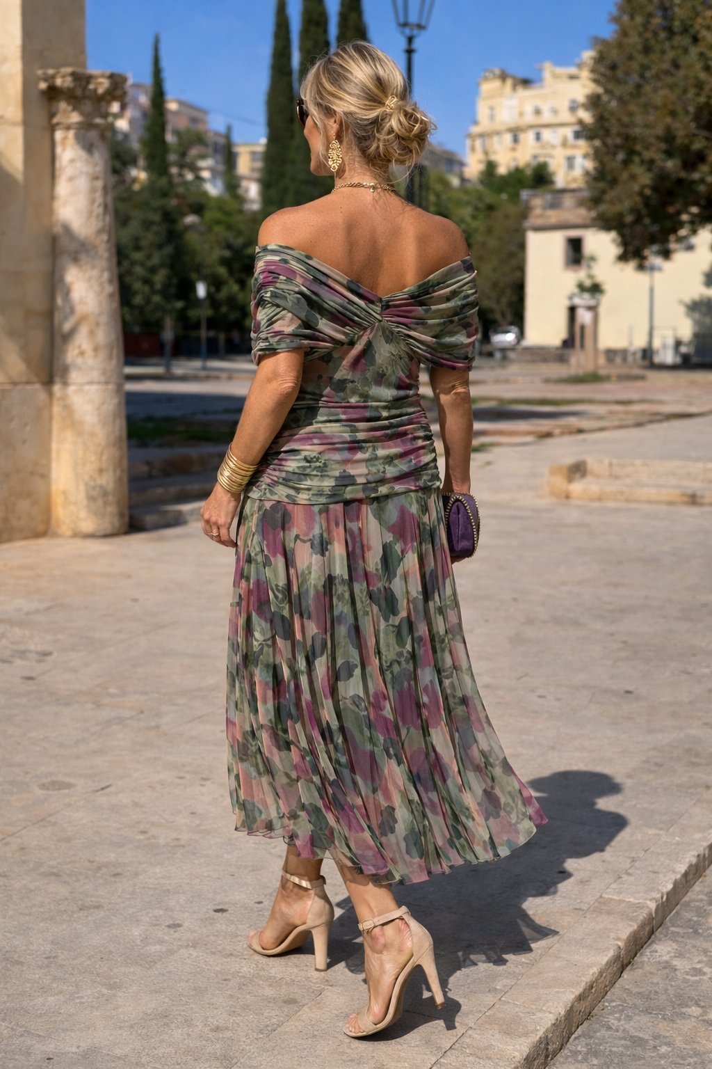 Women's Chiffon Maxi Dress | V-Neck Twist Bodice Fit Close Up