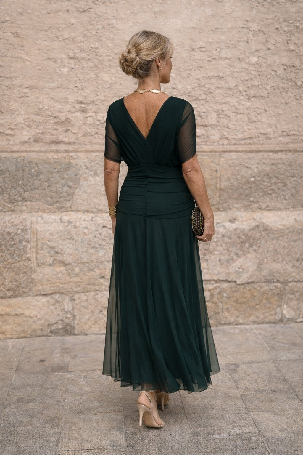 Women's Chiffon Maxi Dress | V-Neck Twist Bodice Fit Detail