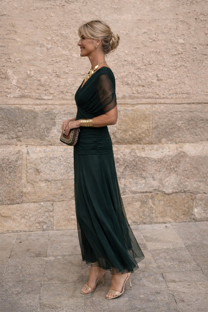Women's Chiffon Maxi Dress | V-Neck Twist Bodice Fit Front