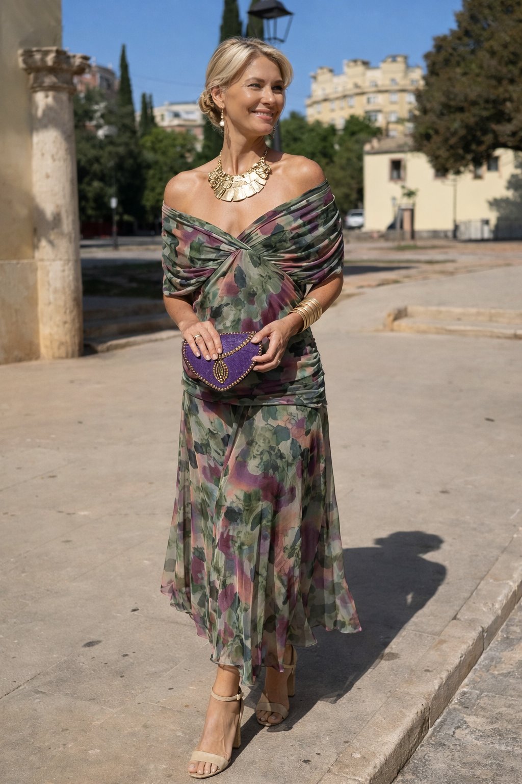 Women's Chiffon Maxi Dress | V-Neck Twist Bodice Fit Side