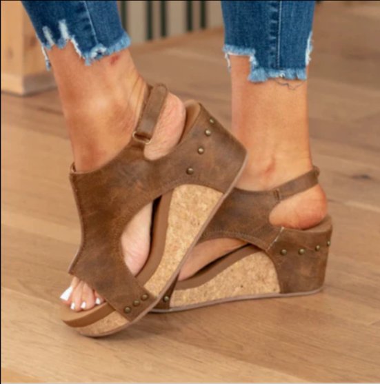 Women's Cork Wedge Slingback Sandals | Open Toe Platform Front