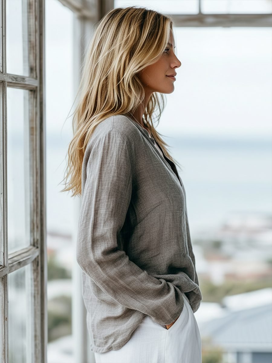 Women's Cotton Linen Henley Shirt | Long Sleeve V-Neck Relaxed Fit Detail
