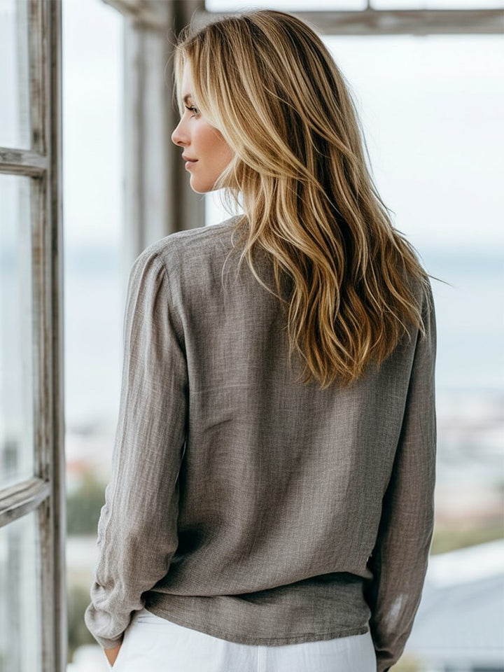 Women's Cotton Linen Henley Shirt | Long Sleeve V-Neck Relaxed Fit Side