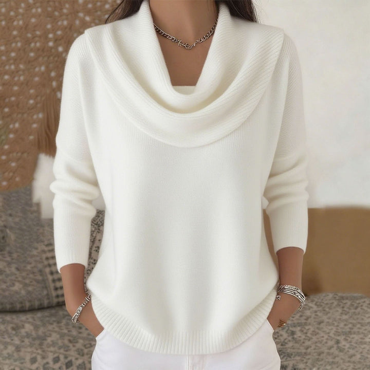 Women's Cowl Neck Soft Sweater | Draped Collar Elegant Fit Angle