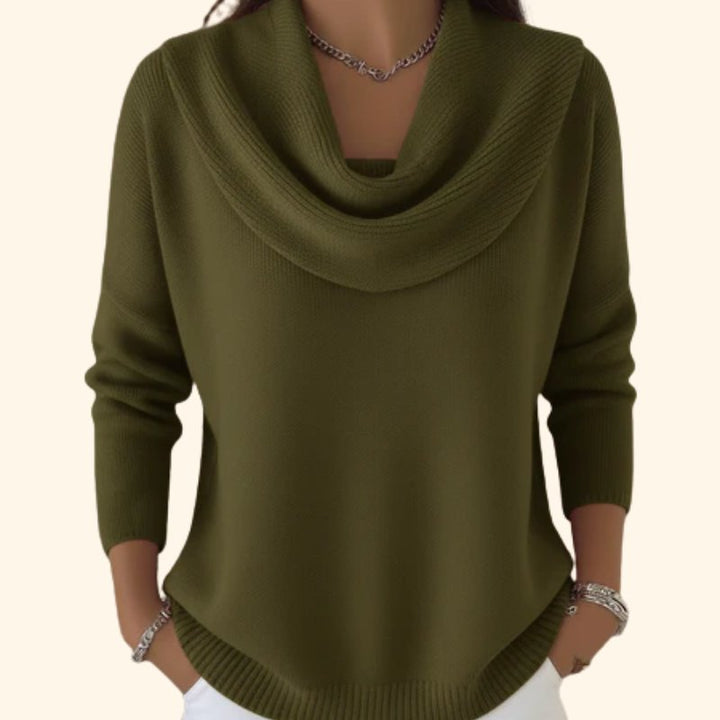 Women's Cowl Neck Soft Sweater | Draped Collar Elegant Fit Back