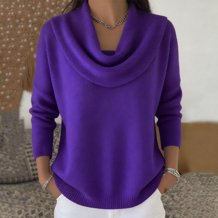 Women's Cowl Neck Soft Sweater | Draped Collar Elegant Fit Close Up