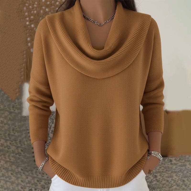 Women's Cowl Neck Soft Sweater | Draped Collar Elegant Fit Side