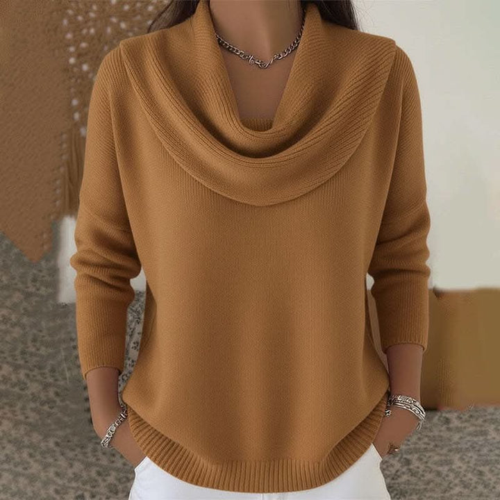 Women's Cowl Neck Soft Sweater | Draped Collar Elegant Fit Side