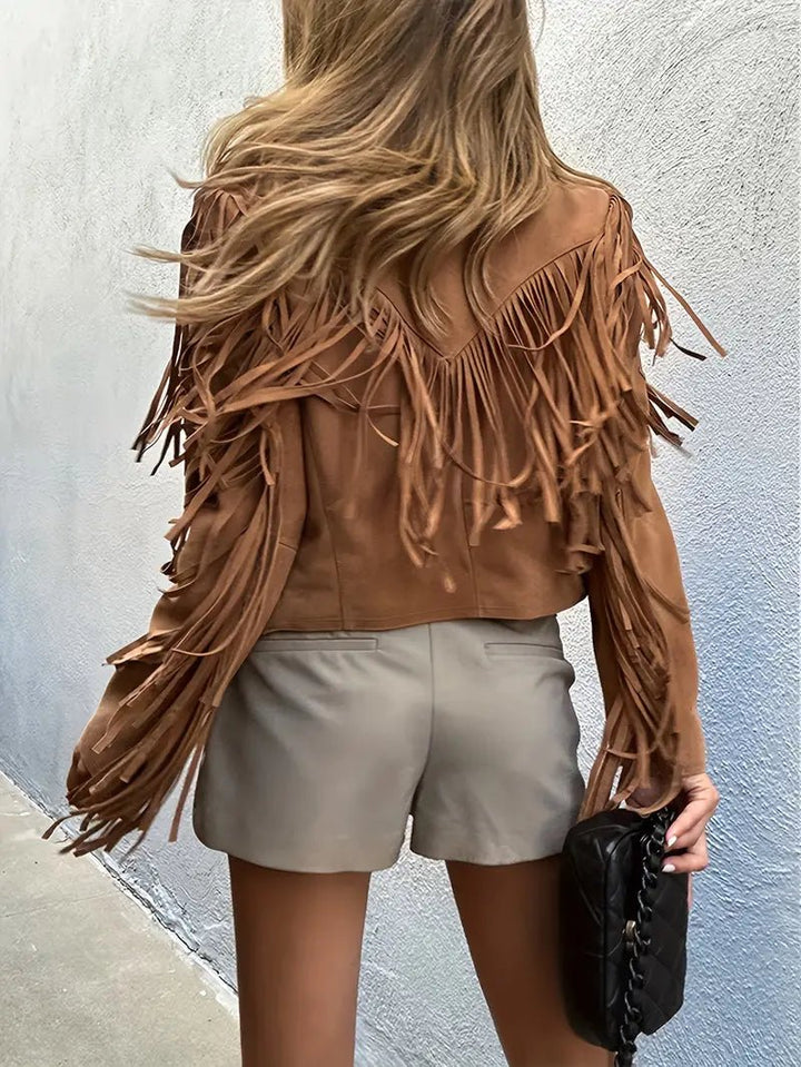 Women's Cropped Fringe Suede Jacket | Boho All-Over Fringe Detail Back