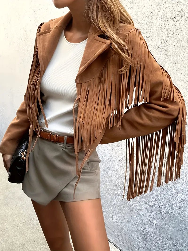 Women's Cropped Fringe Suede Jacket | Boho All-Over Fringe Detail Side