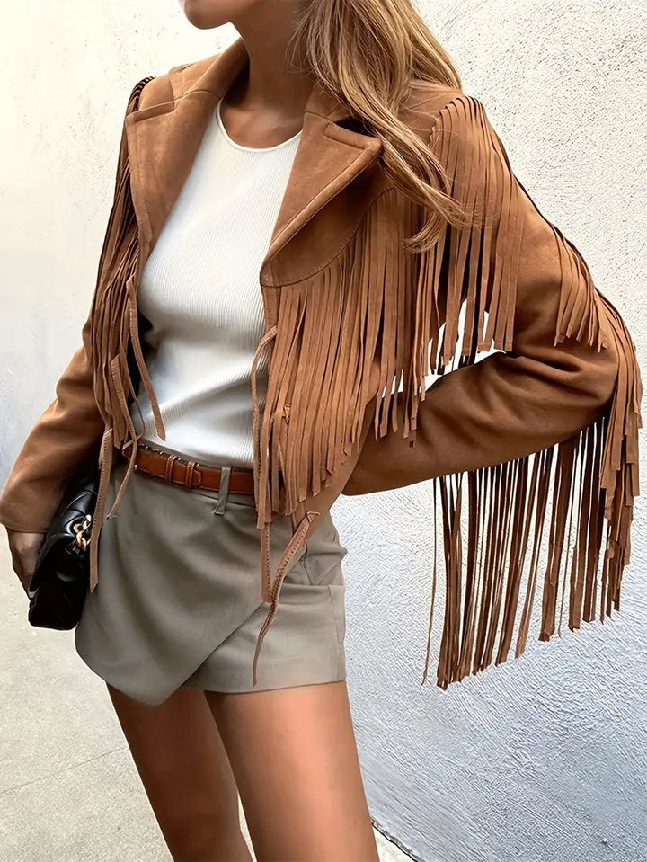 Women's Cropped Fringe Suede Jacket | Boho All-Over Fringe Detail Side