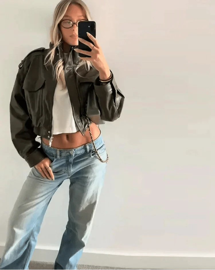 Women's Cropped Leather Bomber Jacket | Faux Leather Ribbed Hem Fit Back