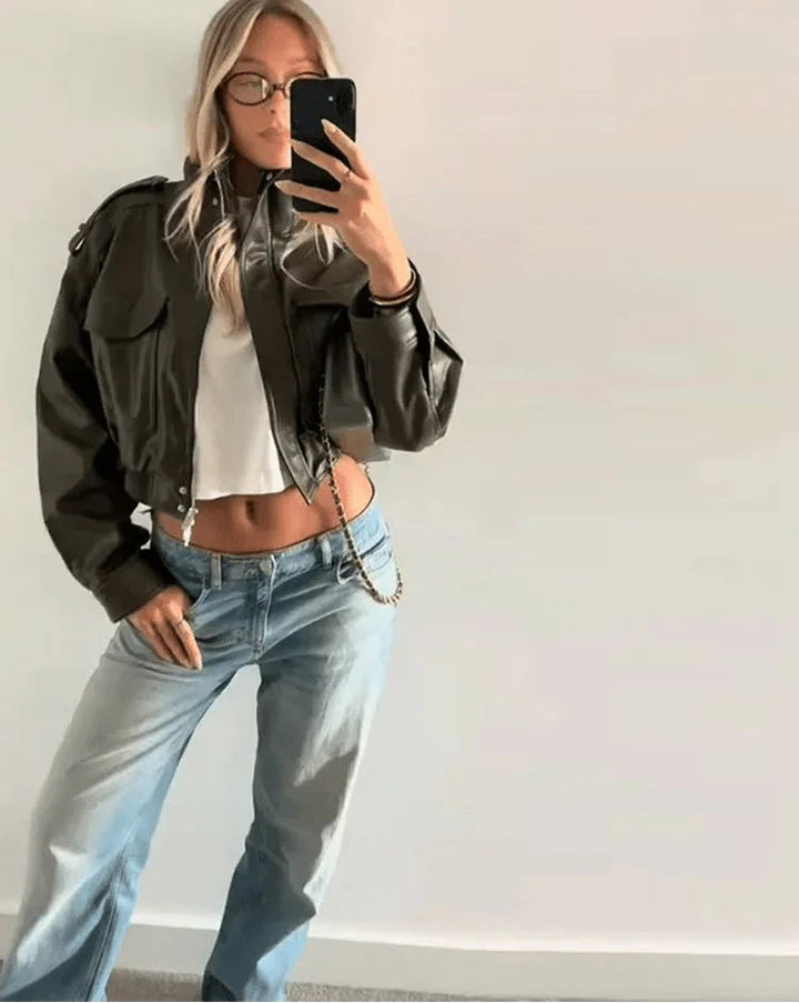 Women's Cropped Leather Bomber Jacket | Faux Leather Ribbed Hem Fit Back