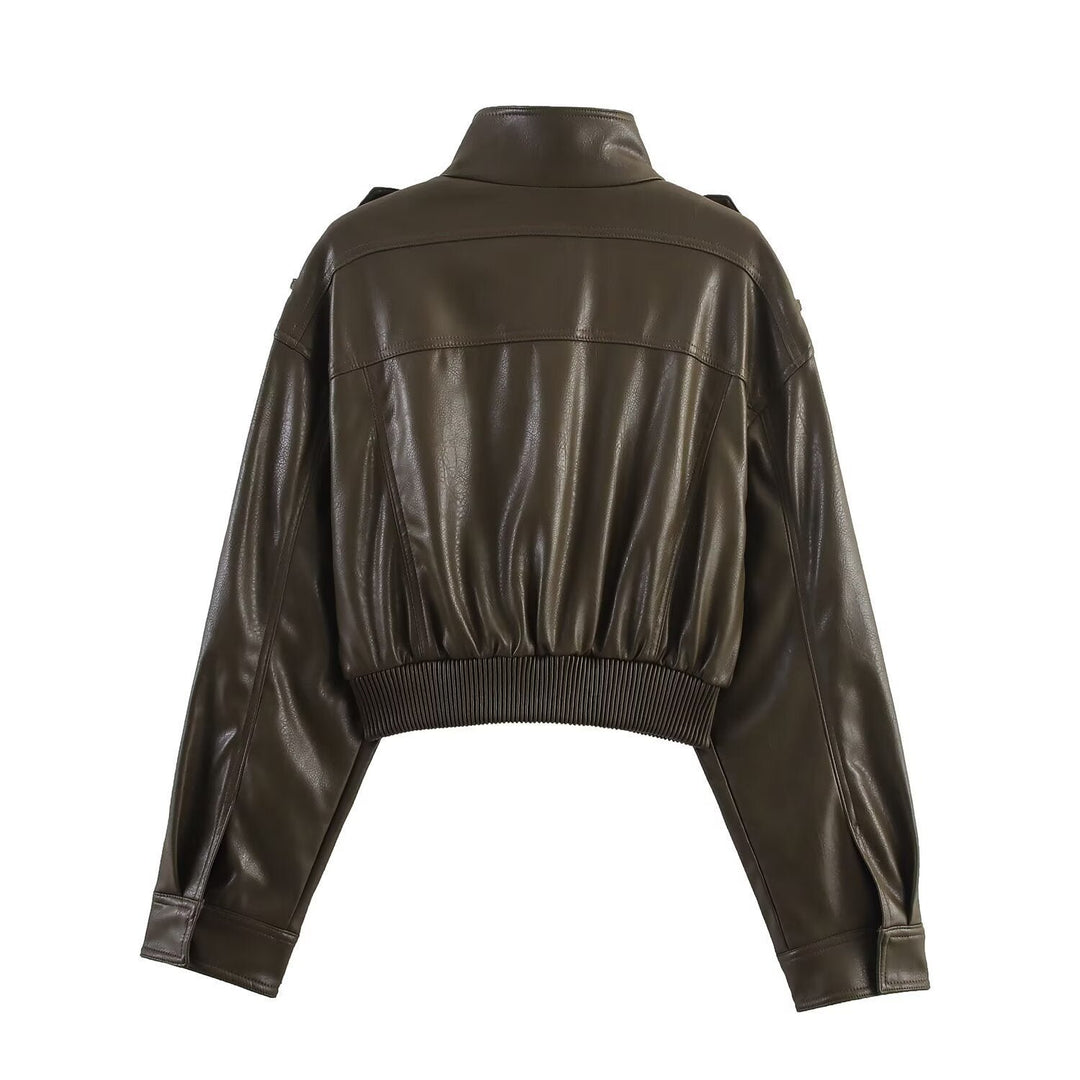 Women's Cropped Leather Bomber Jacket | Faux Leather Ribbed Hem Fit Detail