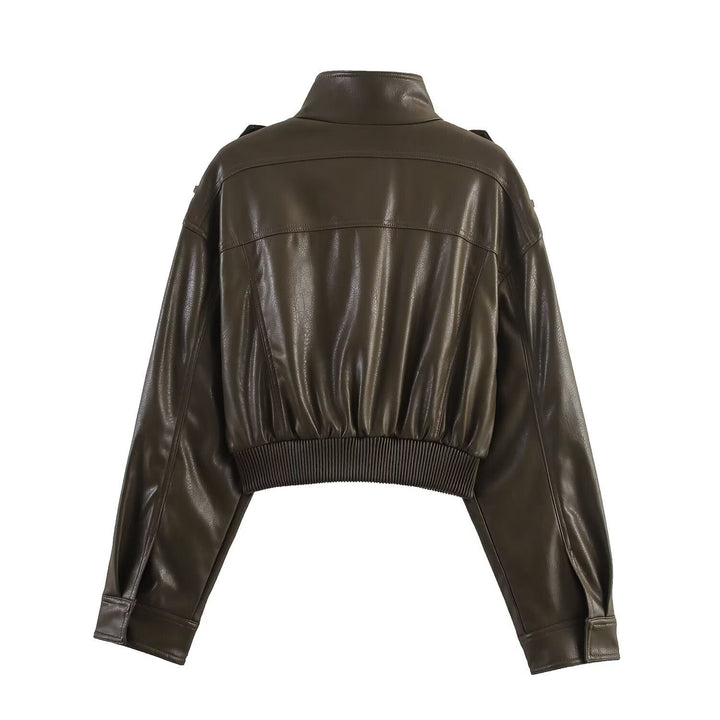 Women's Cropped Leather Bomber Jacket | Faux Leather Ribbed Hem Fit Detail