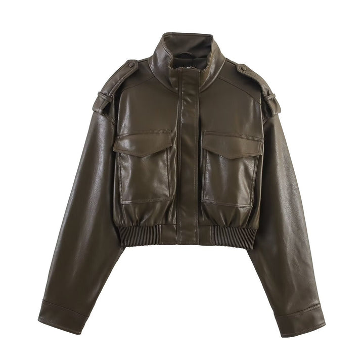 Women's Cropped Leather Bomber Jacket | Faux Leather Ribbed Hem Fit Front