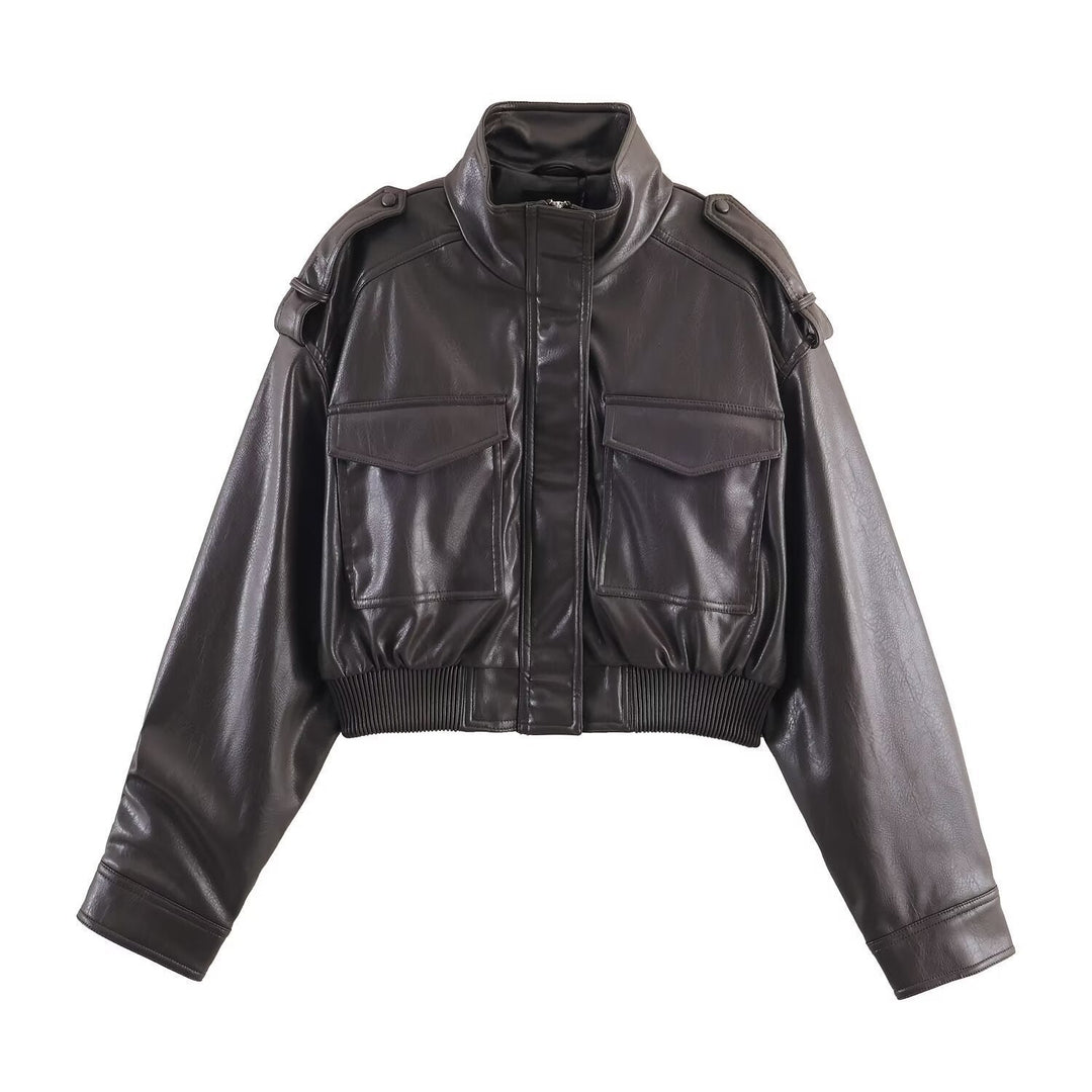 Women's Cropped Leather Bomber Jacket | Faux Leather Ribbed Hem Fit Hero