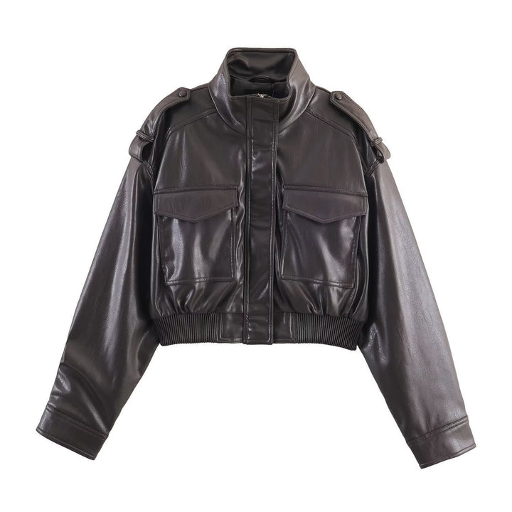 Women's Cropped Leather Bomber Jacket | Faux Leather Ribbed Hem Fit Hero
