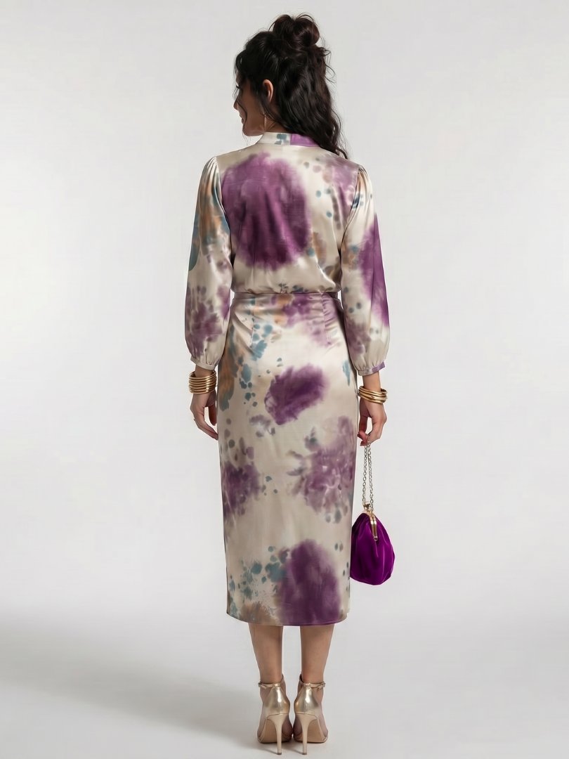 Women's Cross Wrap Tie Waist Printed Midi Dress Back