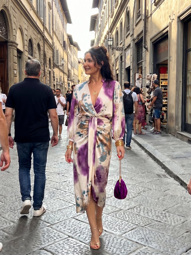 Women's Cross Wrap Tie Waist Printed Midi Dress Close Up