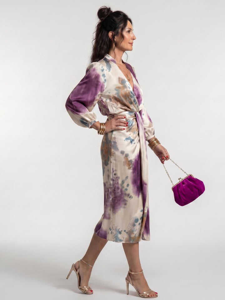 Women's Cross Wrap Tie Waist Printed Midi Dress Detail