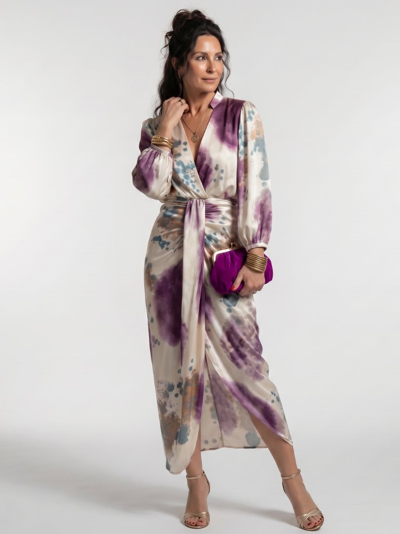 Women's Cross Wrap Tie Waist Printed Midi Dress Front