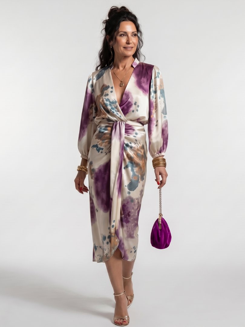 Women's Cross Wrap Tie Waist Printed Midi Dress Hero